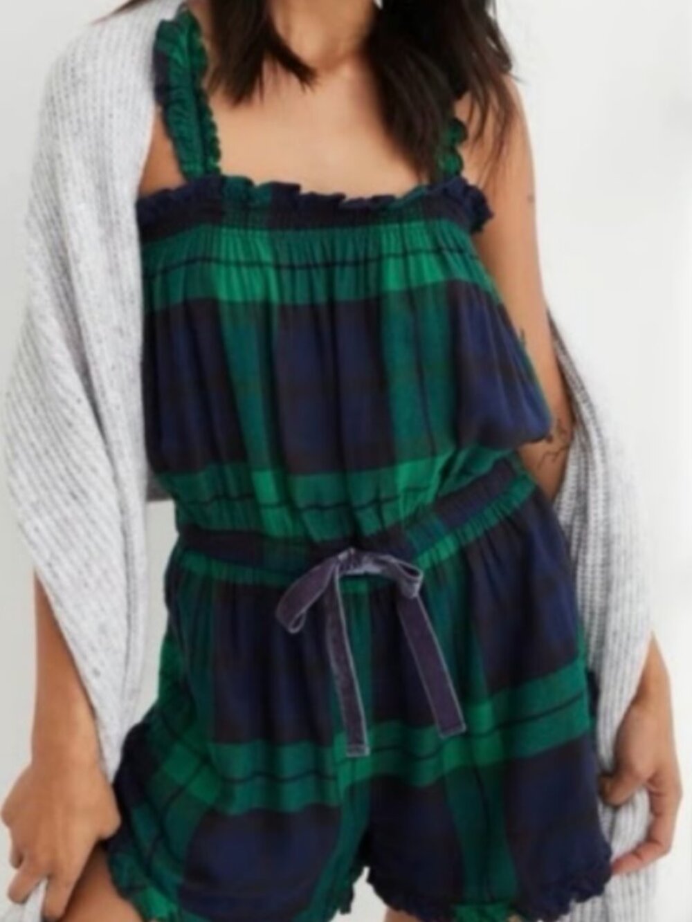 Aerie Green and Black Plaid Pajama Romper